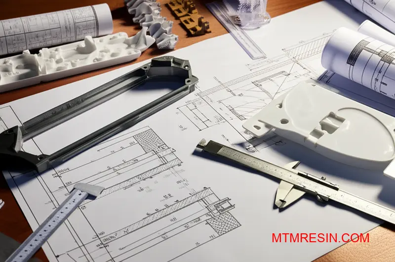 Dessins techniques et composants moulés en polycarbonate ABS blend mettant en évidence les principes de fabrication et les spécifications relatives à l'épaisseur des parois.