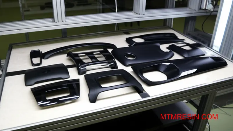 High-performance polycarbonate ABS blend automotive interior parts displaying chemical resistance properties on testing surface