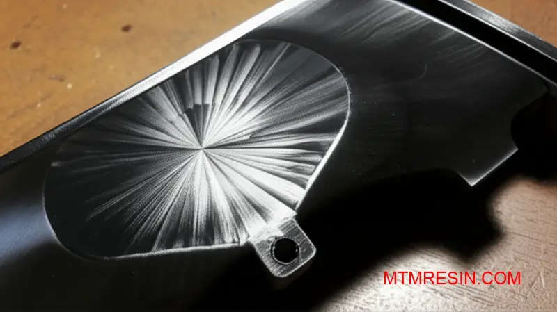 Vue détaillée d'un composant moulé par injection en Cycoloy présentant des défauts caractéristiques d'évasement de l'argent rayonnant à partir de la zone de la grille.