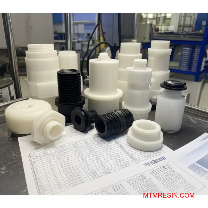 Various high-performance nylon injection molded components demonstrating material grade selection for optimal mold trial success