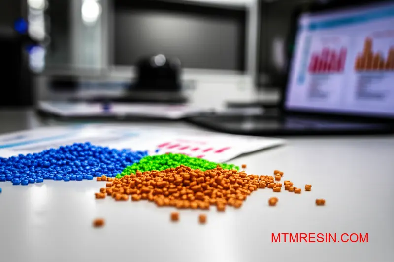 Verschillende gekleurde nylon polymeerkorrels met technische datasheets met vergelijking van materiaaleigenschappen voor spuitgiettoepassingen