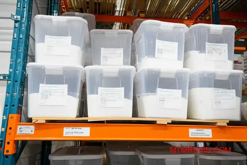 Industriële opslagfaciliteit toont georganiseerde Zytel polyamideharspellets in gelabelde containers voor snelle levering van proefmallen