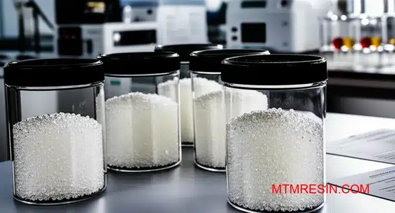 Premium Zytel hars pellets getoond voor kwaliteitscontrole en het testen van de kwaliteit in een professioneel laboratorium.