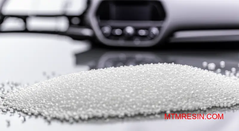 Premium polypropylene compound pellets and automotive component showcasing Hostacom-grade lightweight engineering materials for metal replacement applications