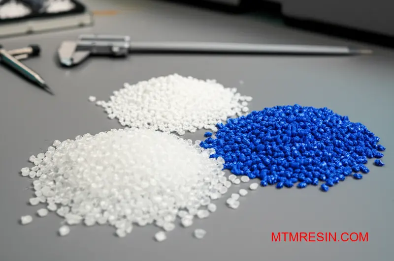 Three different Hostacom-grade polypropylene pellet samples arranged for technical comparison on laboratory workbench
