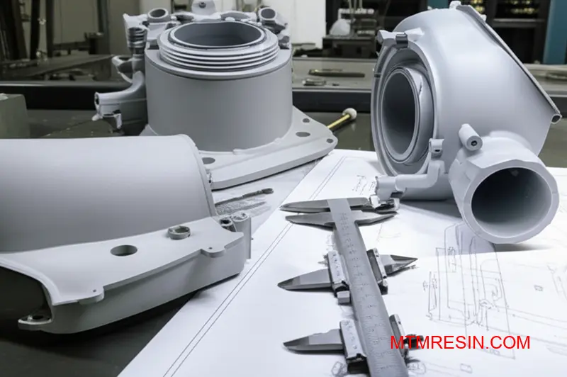 Professional quality injection molded polymer parts demonstrating precise dimensional tolerances and superior material characteristics on technical measurement station