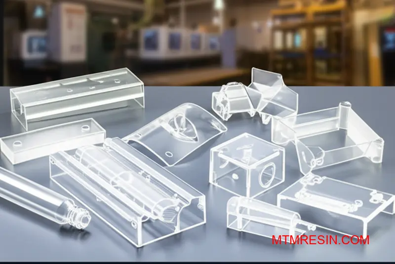 Clear plastic injection molded parts made from polycarbonate resin displayed on manufacturing workbench