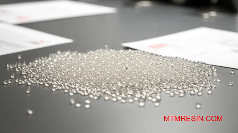 Clear polycarbonate granules displaying material properties for engineering grade selection and mold trial applications