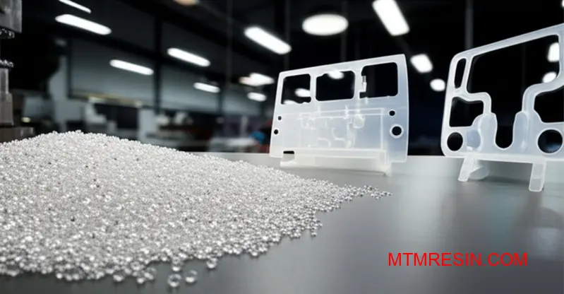 Clear polycarbonate pellets and molded parts showcasing different Makrolon resin grades for various manufacturing applications