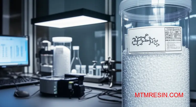 Premium flame retardant polycarbonate granules displayed in laboratory setting, showcasing advanced polymer materials with specialized fire-resistant properties for electronic applications