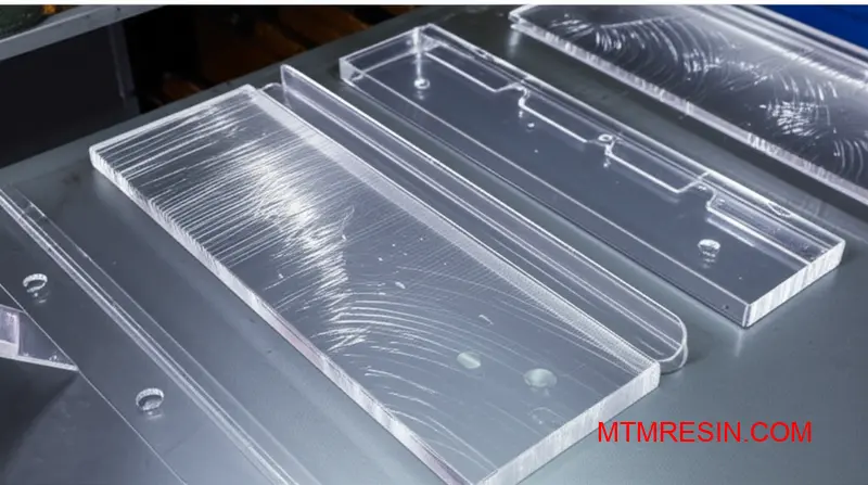 Close-up view of polycarbonate parts showing common molding defects including silver streaks and splay marks for quality control analysis