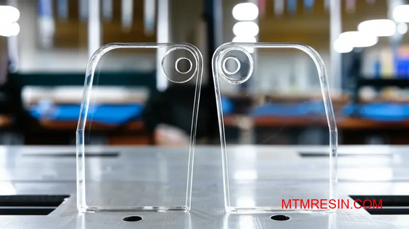 Side-by-side comparison of premium and equivalent polycarbonate materials showing optical clarity differences in injection molded components