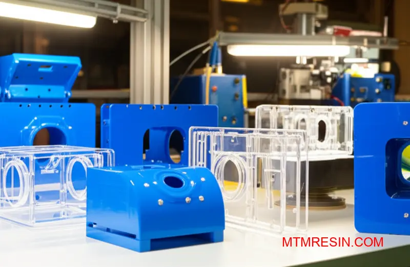Industrial polycarbonate components displaying various secondary operations including painting, welding and bonding techniques for enhanced functionality