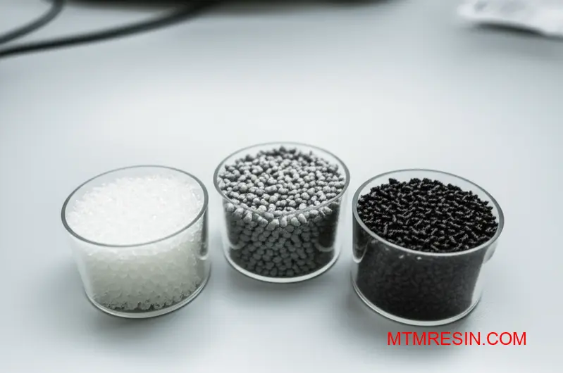 Different grades of PBT thermoplastic pellets showcasing Ultradur material variations for engineering applications