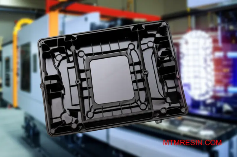 Precision molded thin-walled electronic component showcasing high-flow PBT material efficiency and smooth surface finish quality