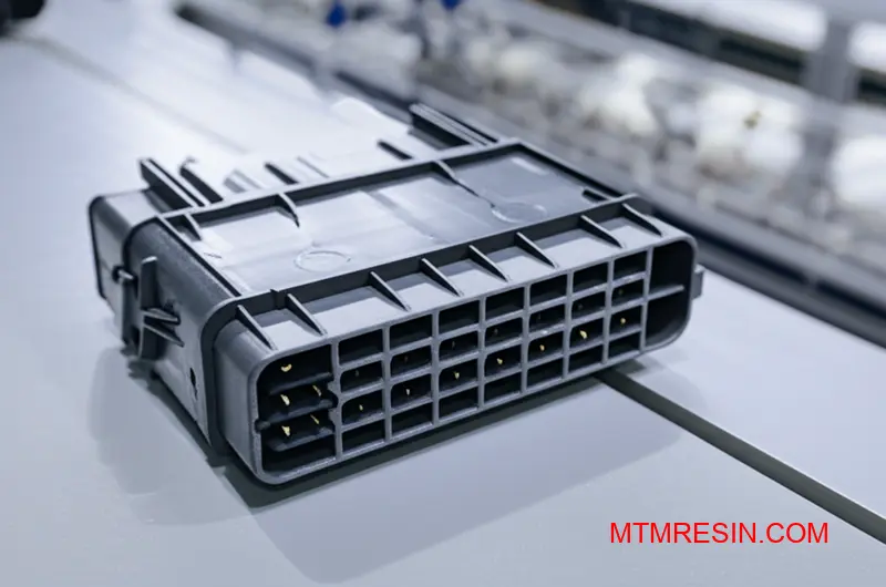 Precision-molded PBT automotive connector showcasing dimensional stability and electrical insulation properties essential for EV applications