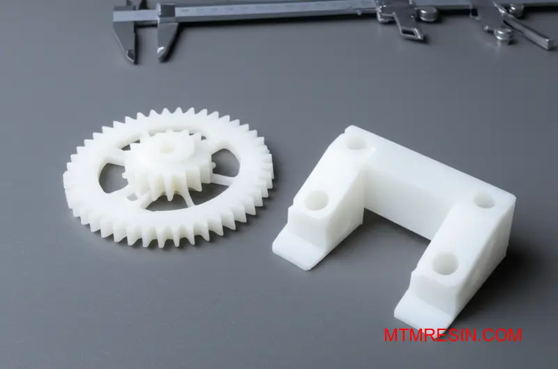 Two precision-molded acetal plastic parts demonstrating different POM material grades for engineering applications