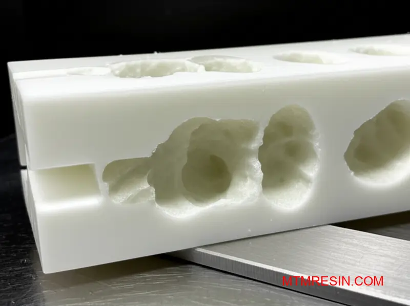 Cross-section of thick polyoxymethylene part revealing internal void formations and material shrinkage defects for quality analysis