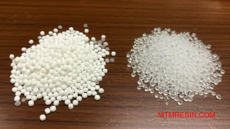 Professional comparison of Delrin and Duracon POM plastic pellets showing material differences for engineering applications