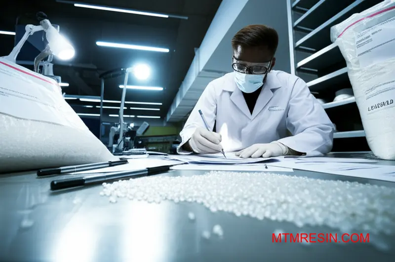 Quality control specialist verifying polymer material authenticity through documentation and packaging inspection in industrial setting