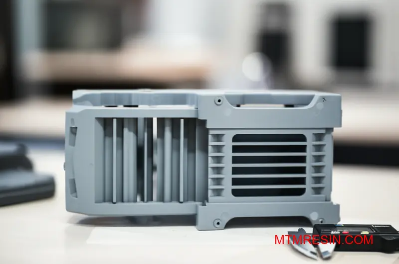 Close-up of a complex gray polycarbonate electronics enclosure being measured with a caliper on a workbench.