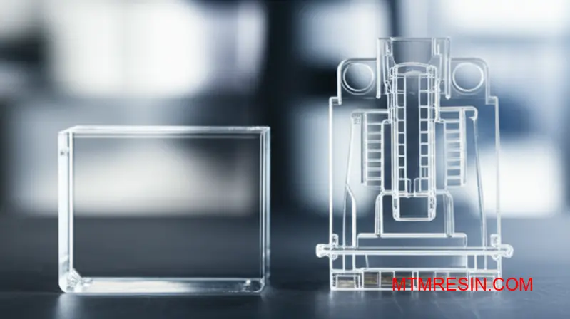 A robust polycarbonate component next to a complex, thin-walled part, illustrating material flow requirements.