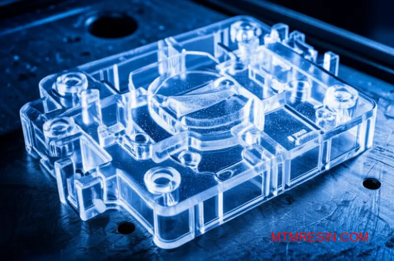Close-up of a frosted silicone polycarbonate resin engineering part demonstrating durability in cold conditions.