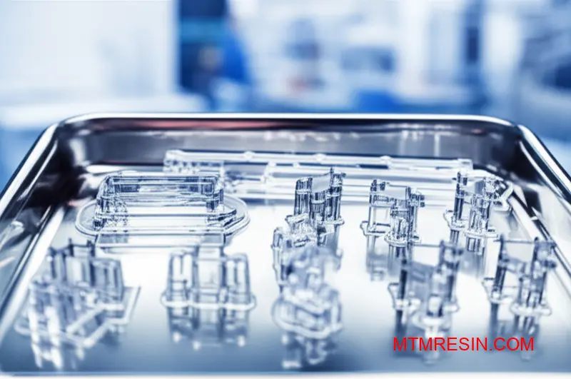 Close-up of various clear, biocompatible polycarbonate components for medical devices on a sterile tray.