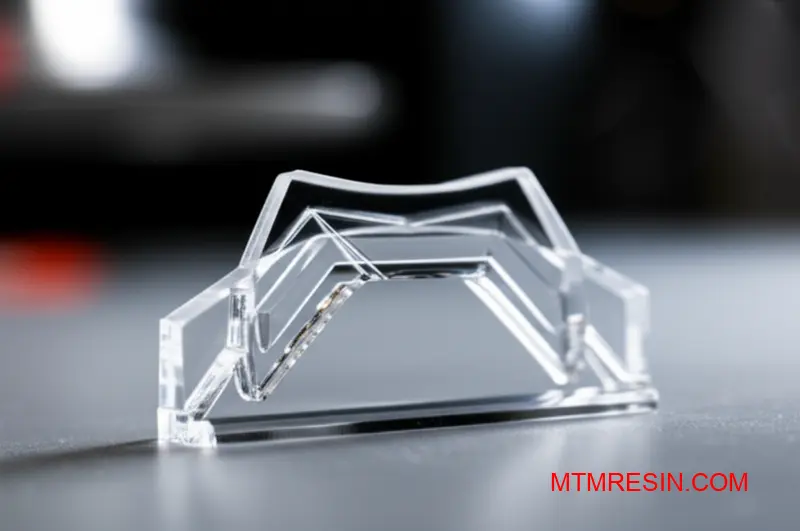 Close-up of a perfectly clear, complex polycarbonate part showing high optical quality and clarity.