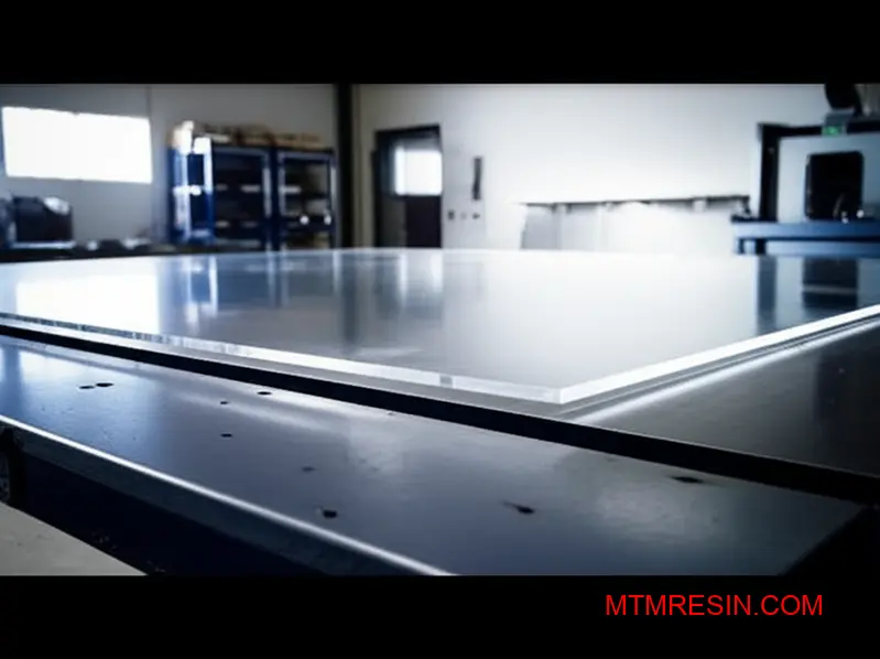 A close-up view of a large, warped clear polycarbonate panel on a quality inspection table.