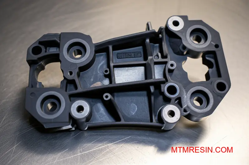 A structural component made of PA6-GF30 polymer, an Akulon K224-G6 grade material, on a workbench.