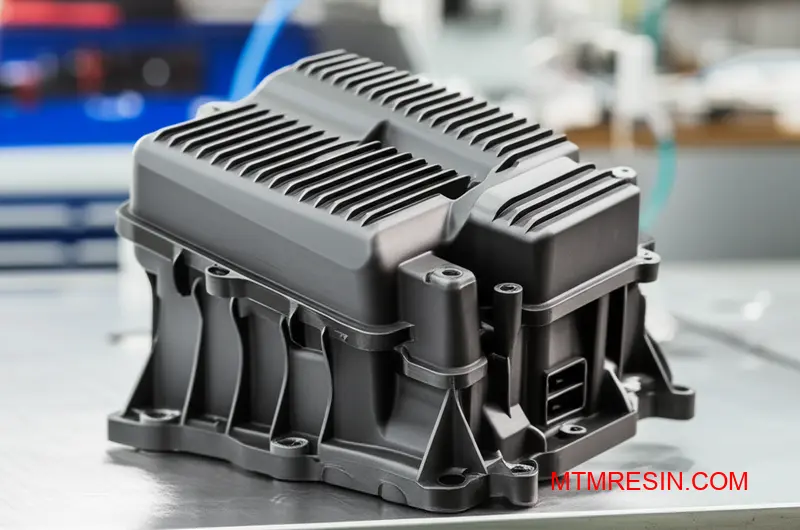 Close-up of a dark grey Polyamide PA6 GF30 part, showing durability for high-heat automotive engine environments.