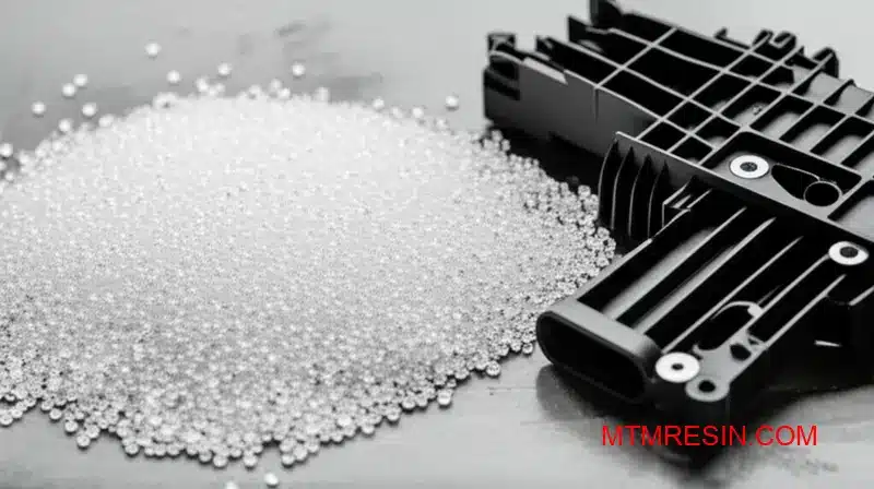 Close-up of Polyamide 6 resin pellets next to a complex part made from K224-G6 thermoplastic.