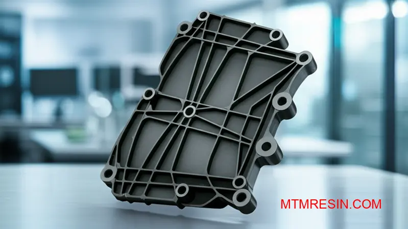 A close-up of a rigid Polyamide 46 component, showcasing its complex structural design and stiffness.