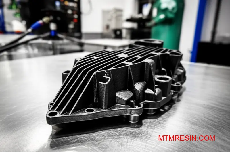 A complex, black automotive part made of a heat-resistant PA46 polymer like Stanyl.