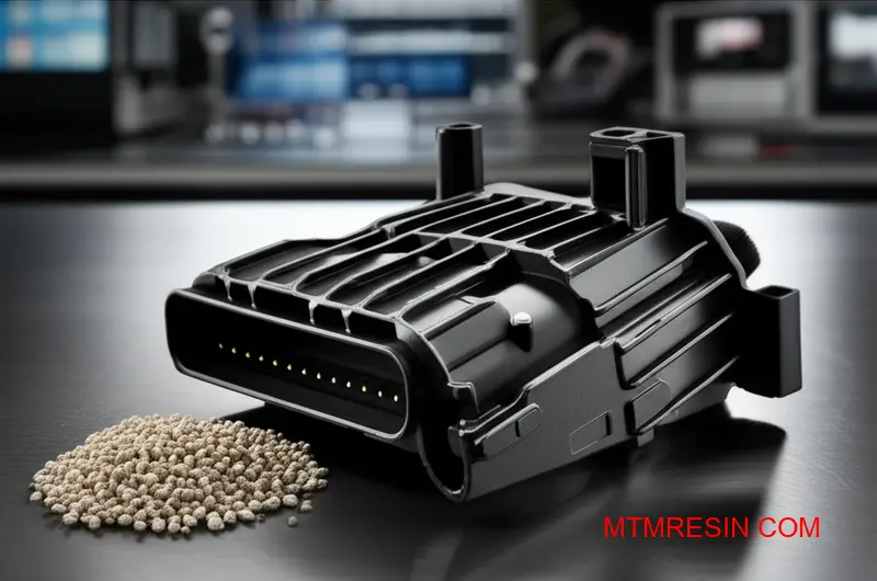 A precision black part next to Polyamide 46 granules, showing a high-performance thermoplastic material.