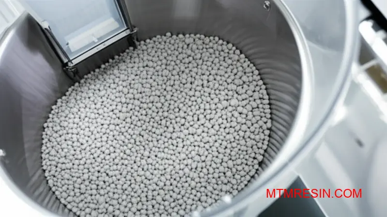 Close-up of PA46 polymer granules inside an industrial drying machine hopper.