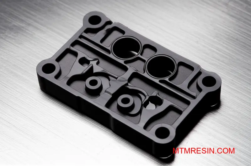 Close-up of a complex, dark gray PA46 part showing the quality from precise molding.