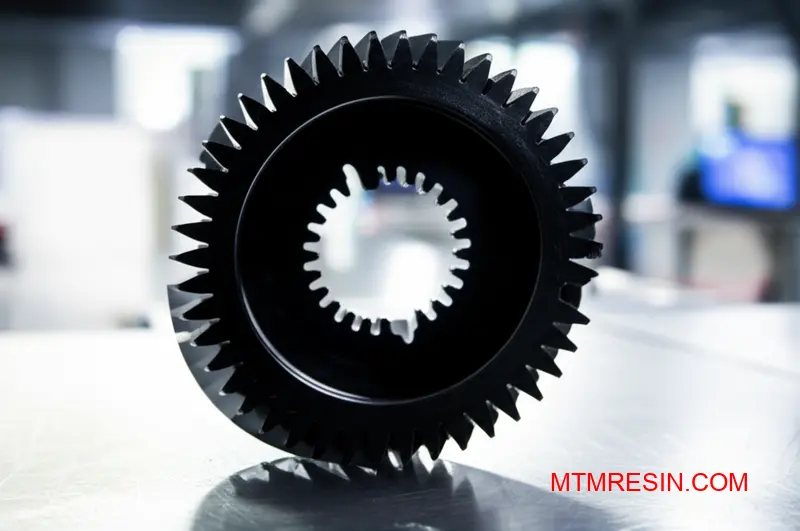 A close-up image of a complex black automotive gear with a glossy finish, made from high-performance polyamide.