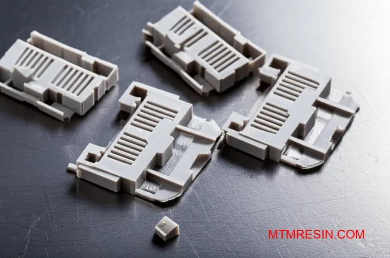 Intricate thin-walled gray plastic components made from high-performance polyamide 46 for engineering applications.