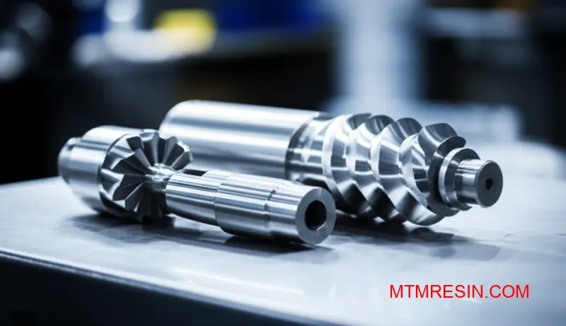 A close-up of a hardened steel screw and valve for processing glass-filled PA46 materials.