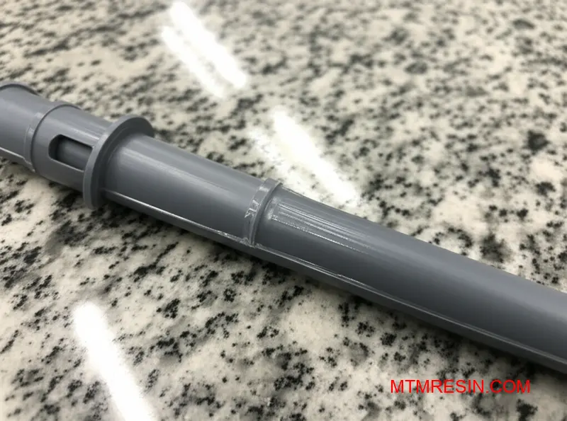 Close-up of a dark grey polyamide 46 part showing flash, a defect from high-fluidity Stanyl-like materials.