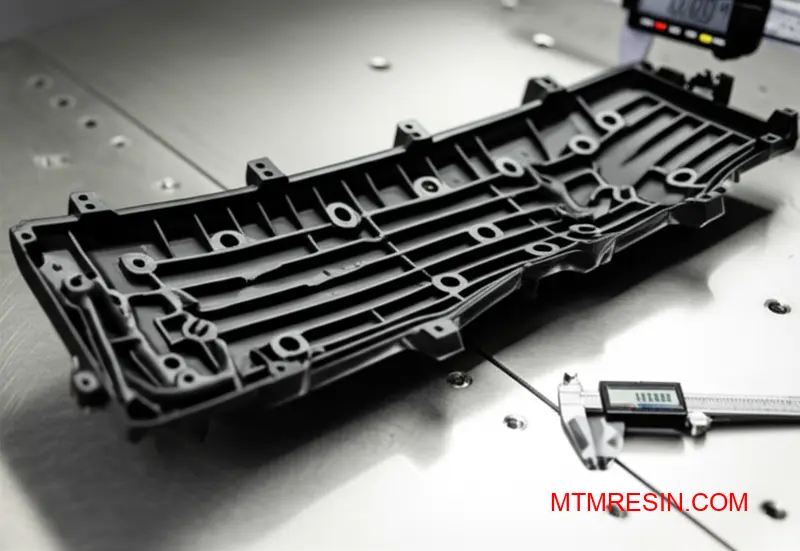 A deformed glass-filled polyamide 46 component illustrating warpage and shrinkage issues from Stanyl TW200F6.