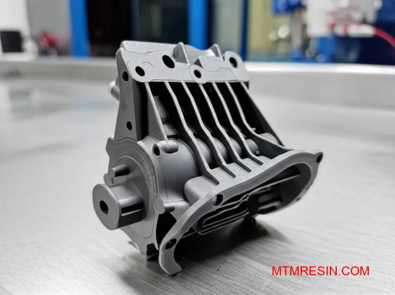 Close-up of a flawless, complex gray automotive part made from high-performance PA46 polymer.