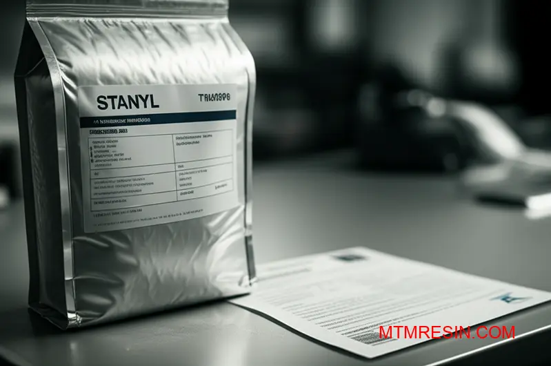 A bag of high-performance polyamide resin next to its Certificate of Analysis for verification.