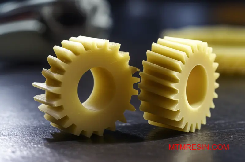 Interlocking beige plastic gears made from a superior high-performance nylon, showcasing precision and flaw-free molding.