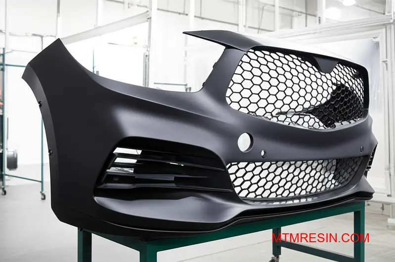Unpainted automotive bumper made of a durable polyolefin polymer, showcasing its complex shape and design.
