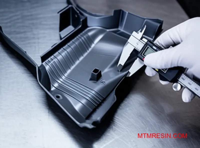Engineer inspecting dimensional stability of a gray polypropylene component, similar to EE188HP, with a digital caliper.