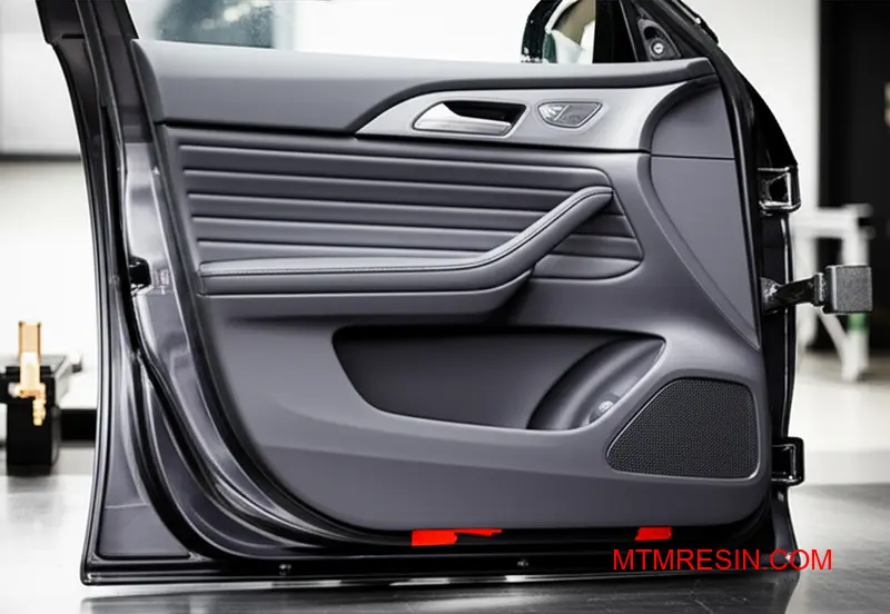 A close-up of a high-flow polypropylene automotive door component on an inspection table.