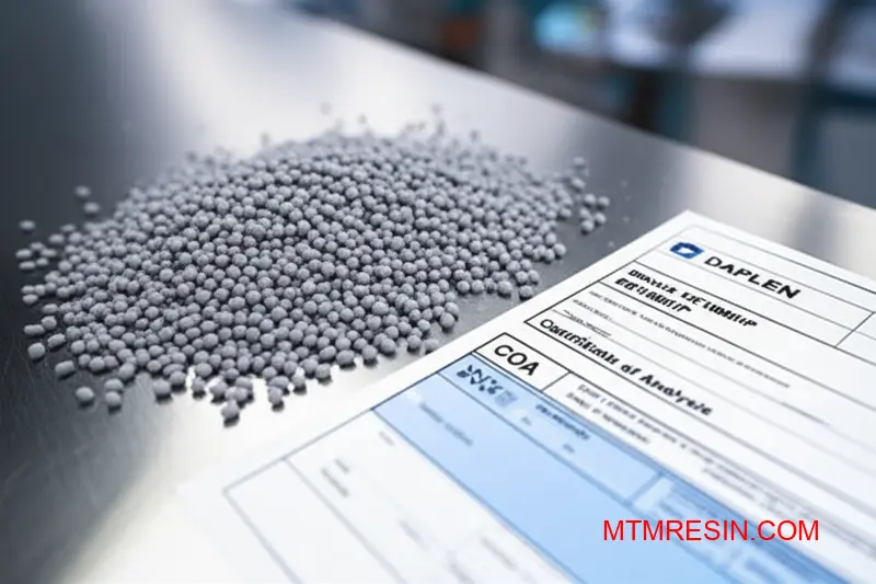 Close-up of genuine EE188HP resin granules next to their Certificate of Analysis document.